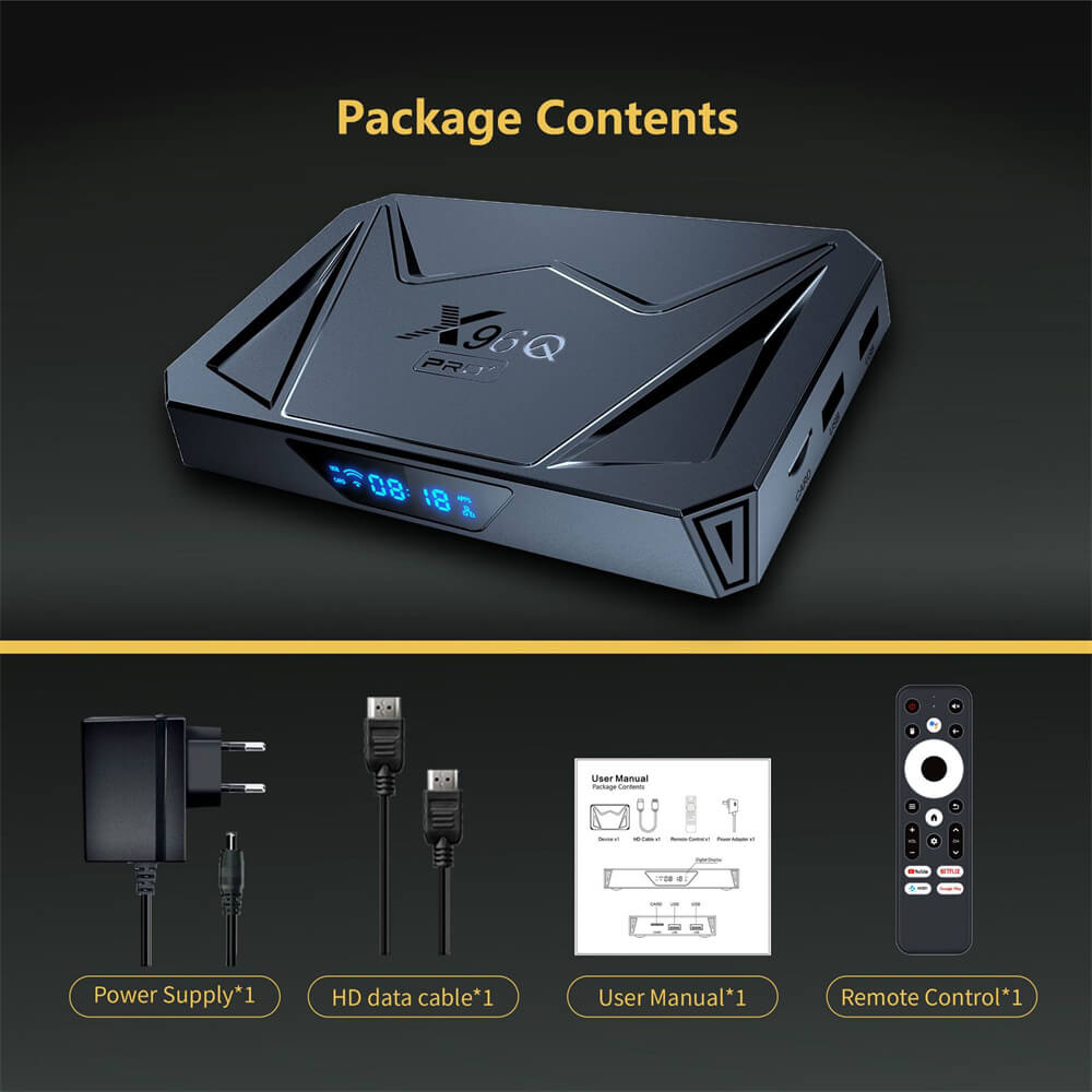x96q pro plus android 14 tv box package list
